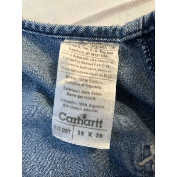 Carhartt 38x28 blue jean denim overalls USA thrashed‎ (missing buckle) rn#14806 - Picture 7 of 14